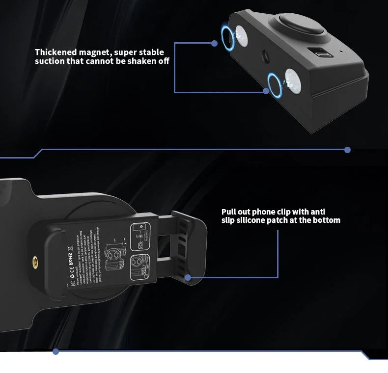 Black magnetic phone holder with text highlighting features on a black background