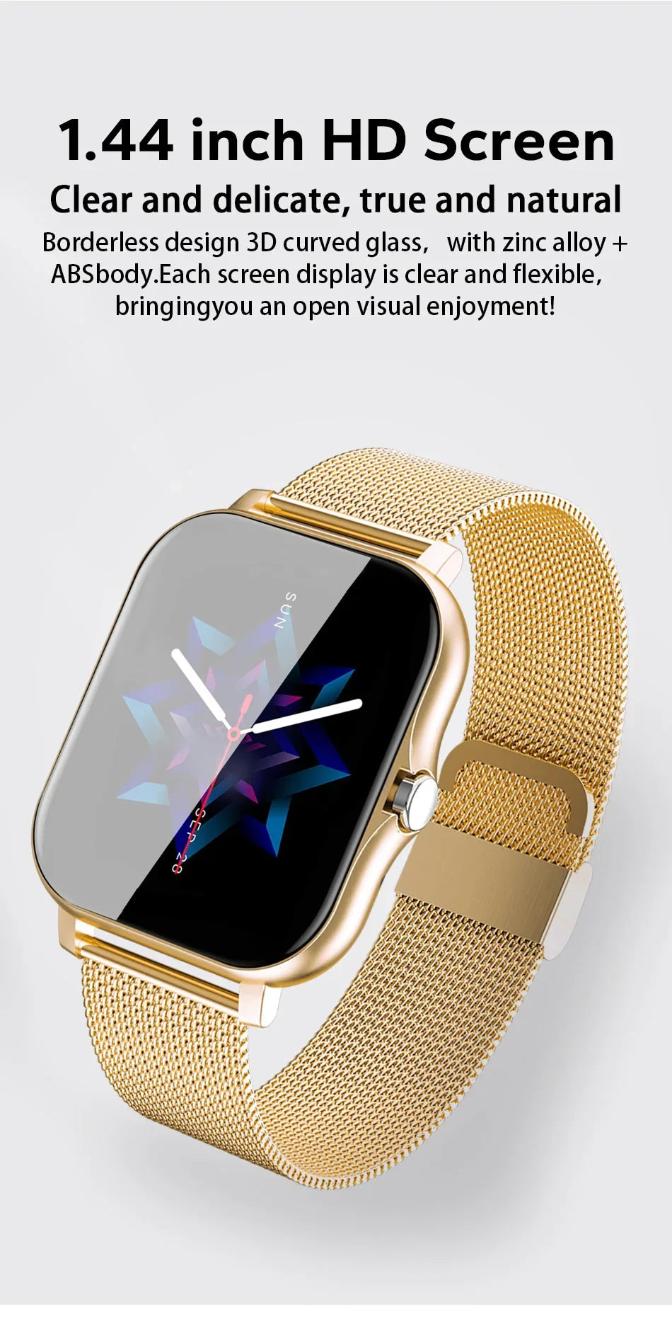 Gold smartwatch with a clear display on a white background