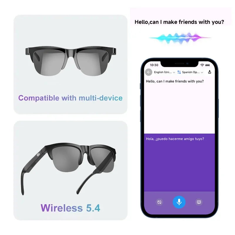 Sunglasses with wireless technology displayed alongside a smartphone app interface.