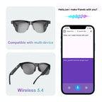 Sunglasses with wireless technology displayed alongside a smartphone app interface.
