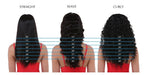Comparison of straight, wave, and curly hair extensions on a person with measurements.