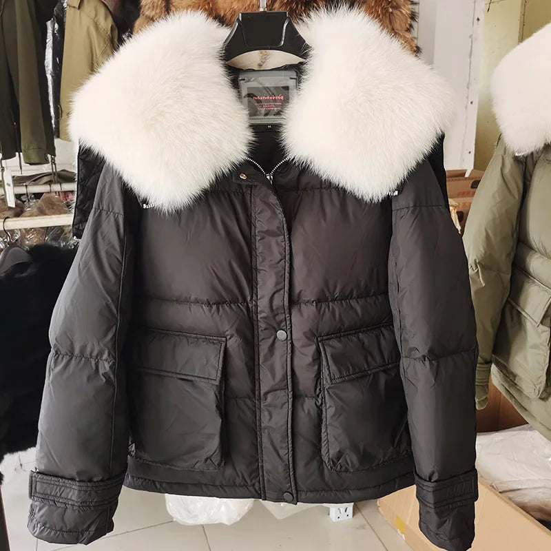 Maomaokong loose Real Fox Fur Collar 2024 White Duck Down Jacket Women Winter Luxury Puffer Coat Oversize Feather Outwear