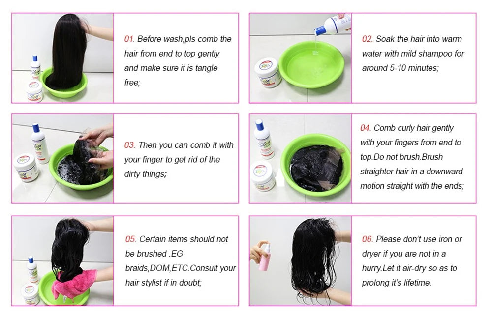 Step-by-step guide on how to care for hair with images and text instructions.