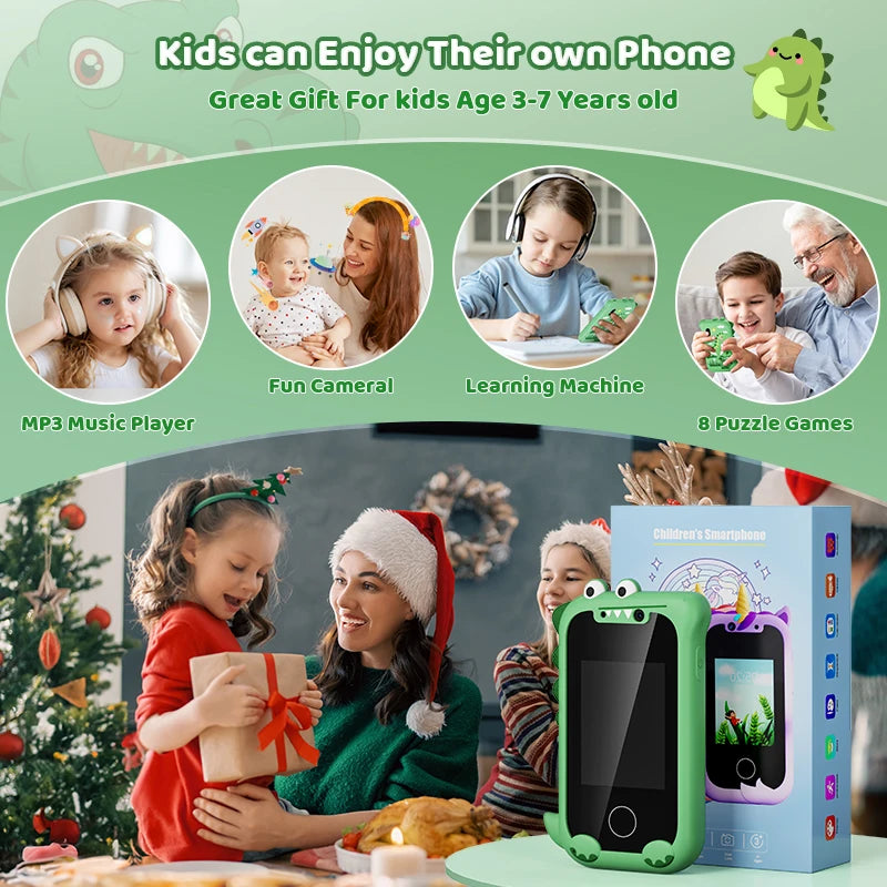 Children's phone with green dinosaur design, family using it, and Christmas setting.