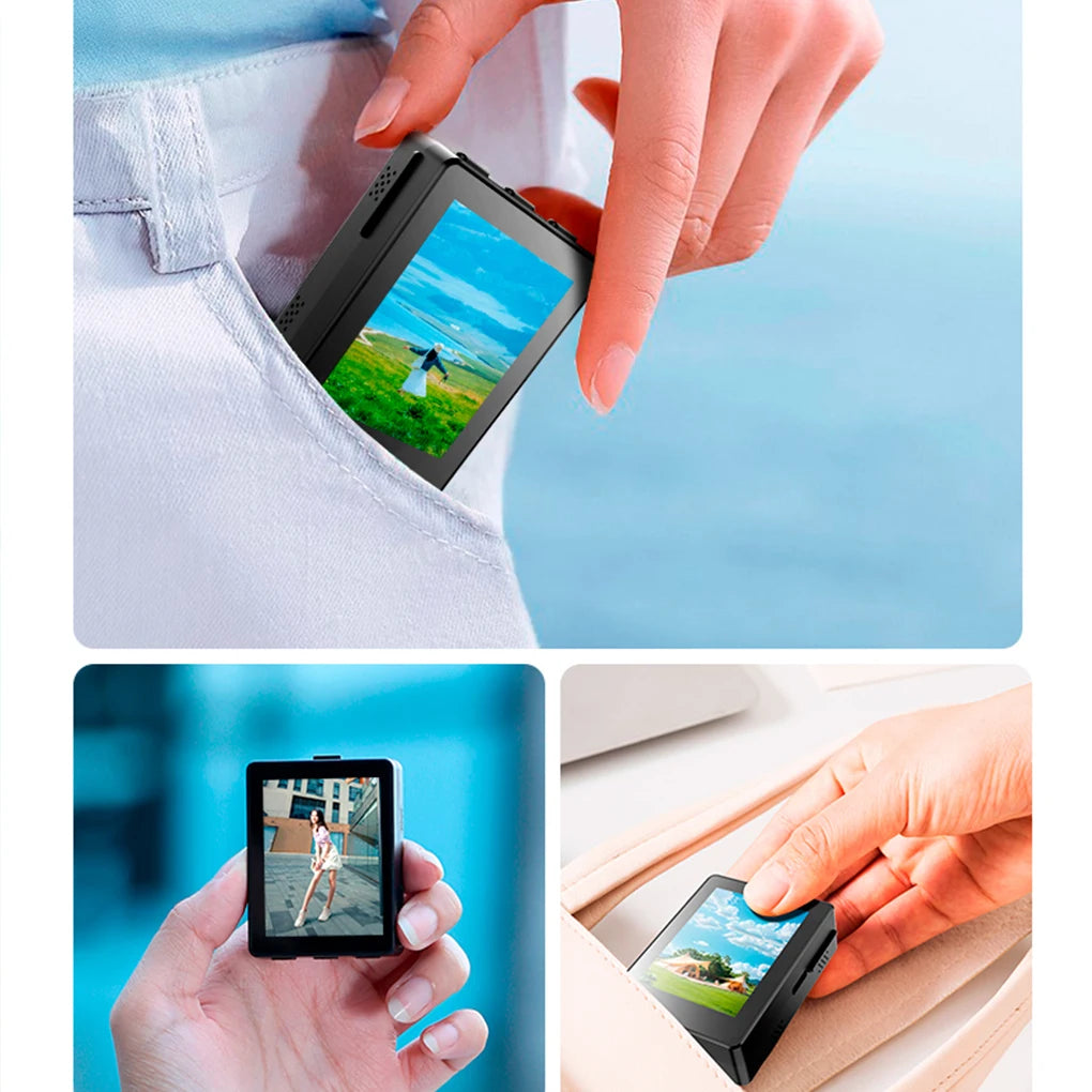 Small portable device with a screen being held and used by hands against a light blue background.