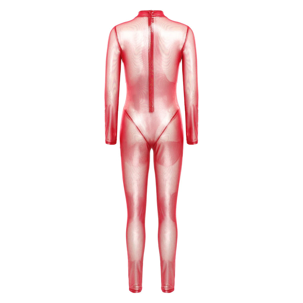 Women Metallic Shiny Full Body Unitards Sheer Rave Party Nightclub Jumpsuit Long Sleeve Long Pants Back Zipper Catsuit Clubwear