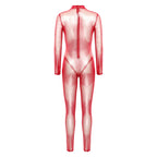 Women Metallic Shiny Full Body Unitards Sheer Rave Party Nightclub Jumpsuit Long Sleeve Long Pants Back Zipper Catsuit Clubwear