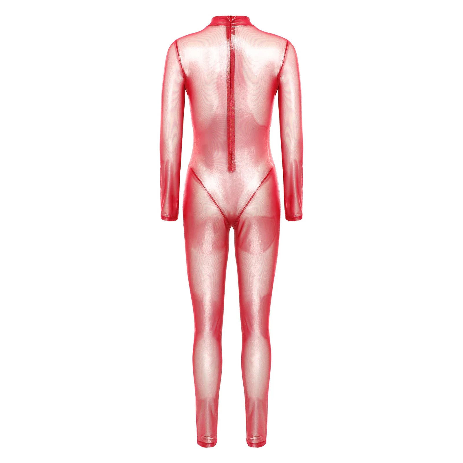 Women Metallic Shiny Full Body Unitards Sheer Rave Party Nightclub Jumpsuit Long Sleeve Long Pants Back Zipper Catsuit Clubwear