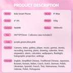 Product description of a kids smartphone with specifications on a pink background