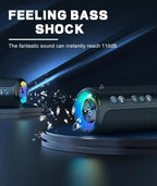 igh-power speaker with 'Feeling Bass Shock' text and sound wave graphics on a dark background.