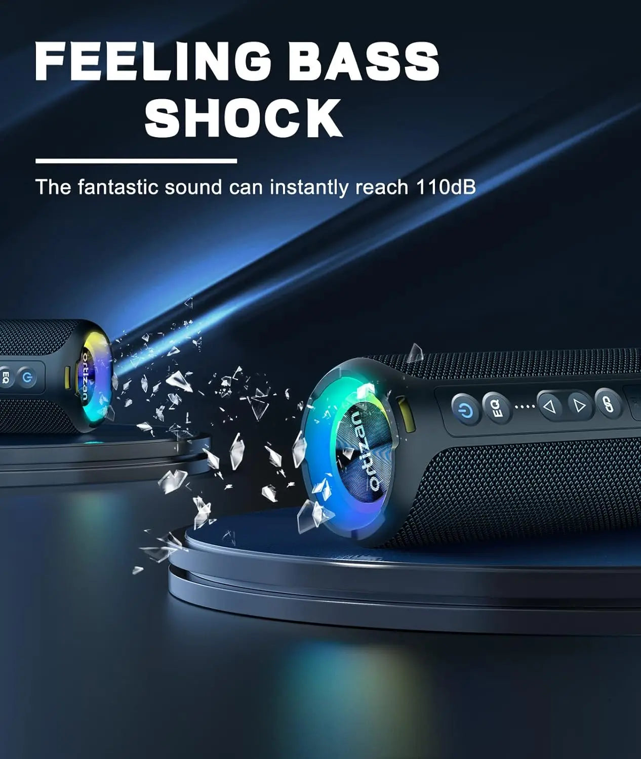 igh-power speaker with 'Feeling Bass Shock' text and sound wave graphics on a dark background.