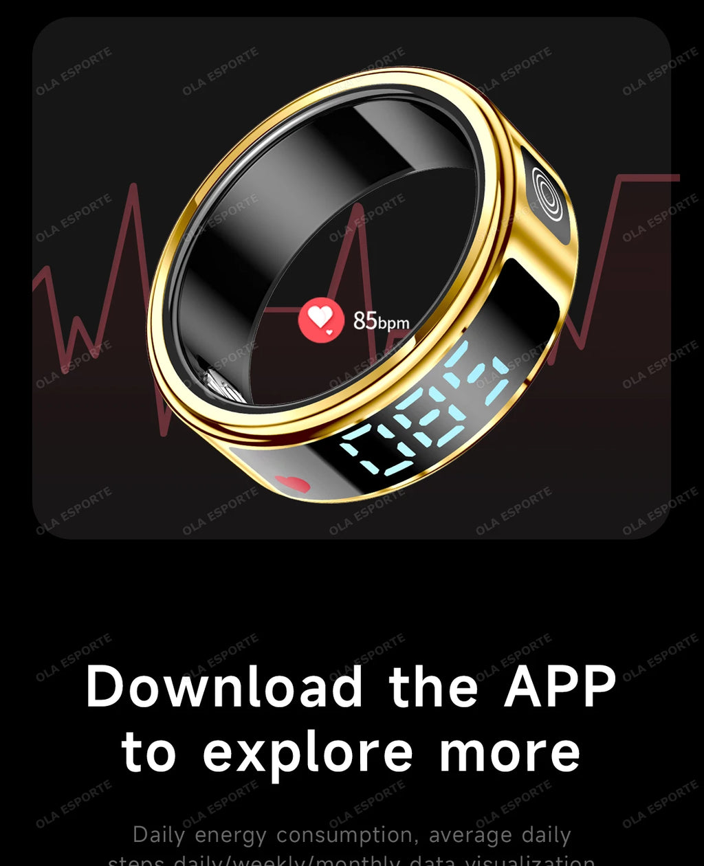 Smartwatch with heart rate monitor on a dark background, encouraging app download.
