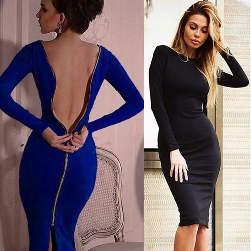 Bodycon dress Solid Color Round neck long sleeve Back zipper tight dress