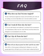 FAQ section on a purple background with text about hair care and shipping.