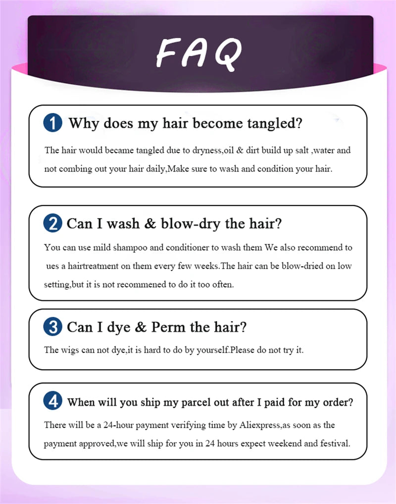 FAQ section on a purple background with text about hair care and shipping.