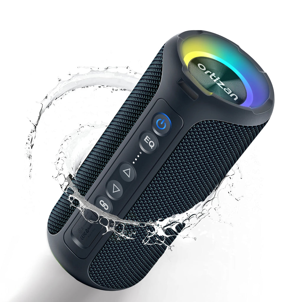 Black portable speaker with colorful light on a white background