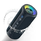 Black portable speaker with colorful light on a white background