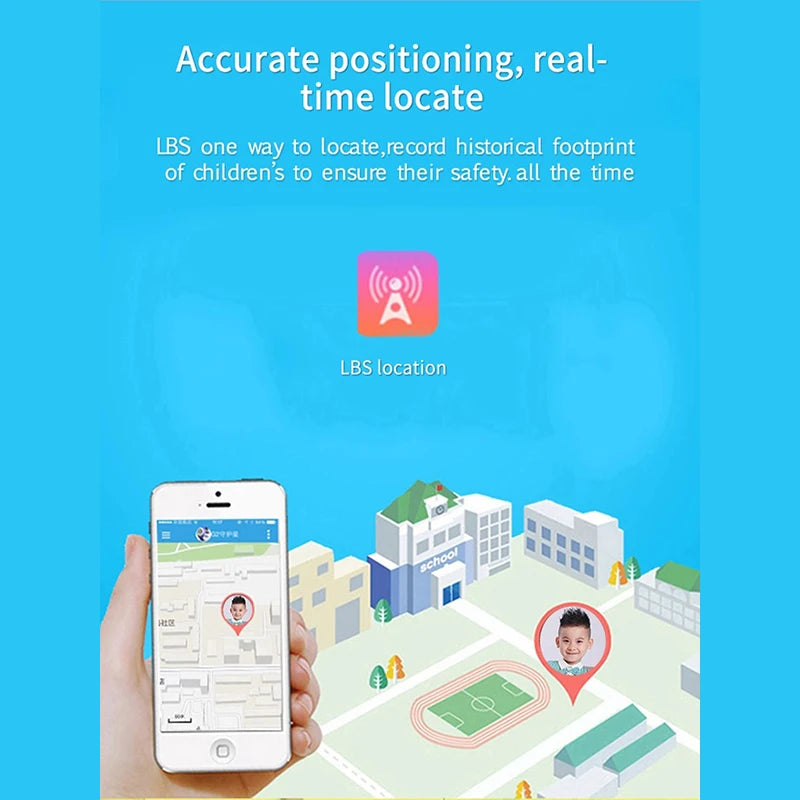 Smartphone with LBS location app displayed on a blue background with text about accurate positioning and real-time locate.