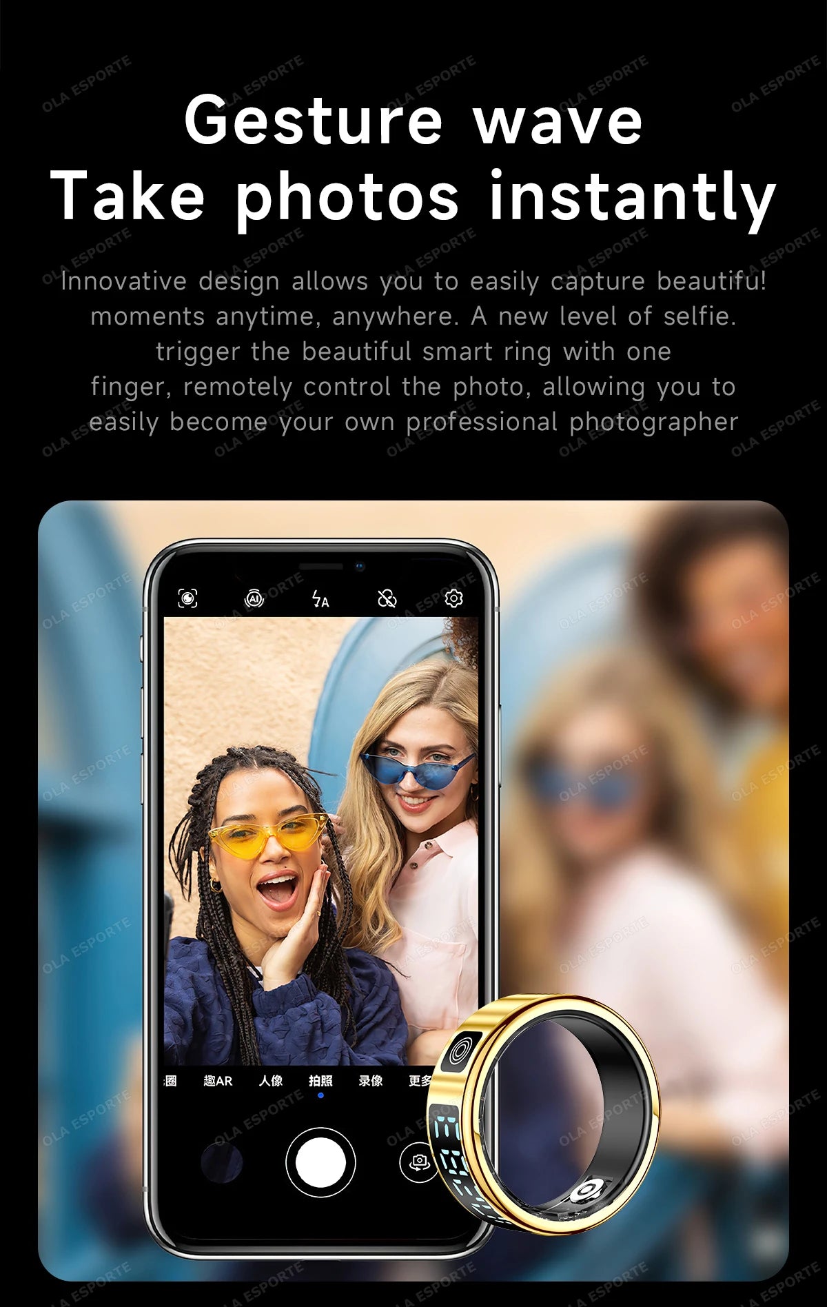 Smart ring with camera app on smartphone screen, showing two people taking a selfie.