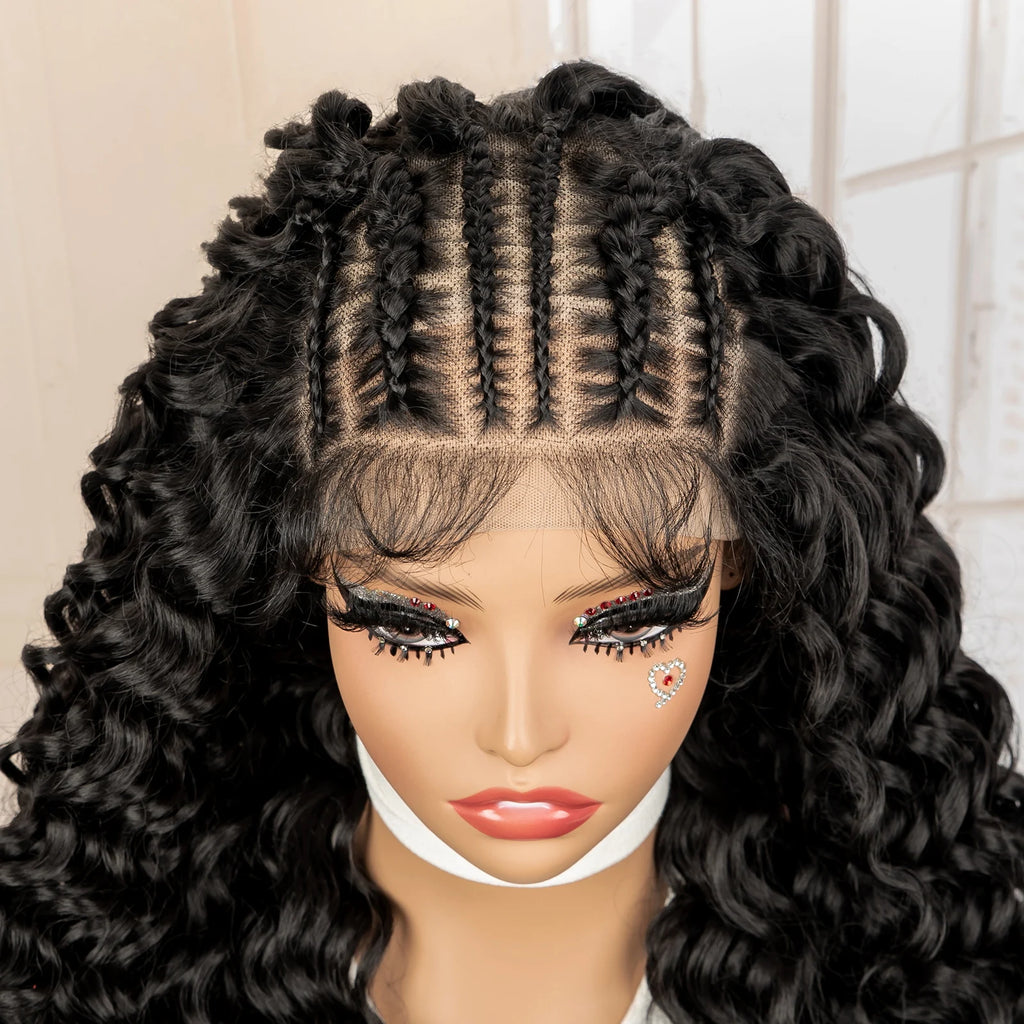 Black wig with braided front section on a mannequin head against a neutral background