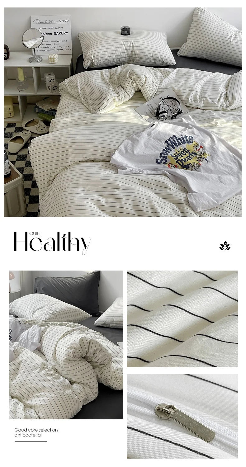 Collage of white bedding with a t-shirt and text 'Be Healthy' on a bed.