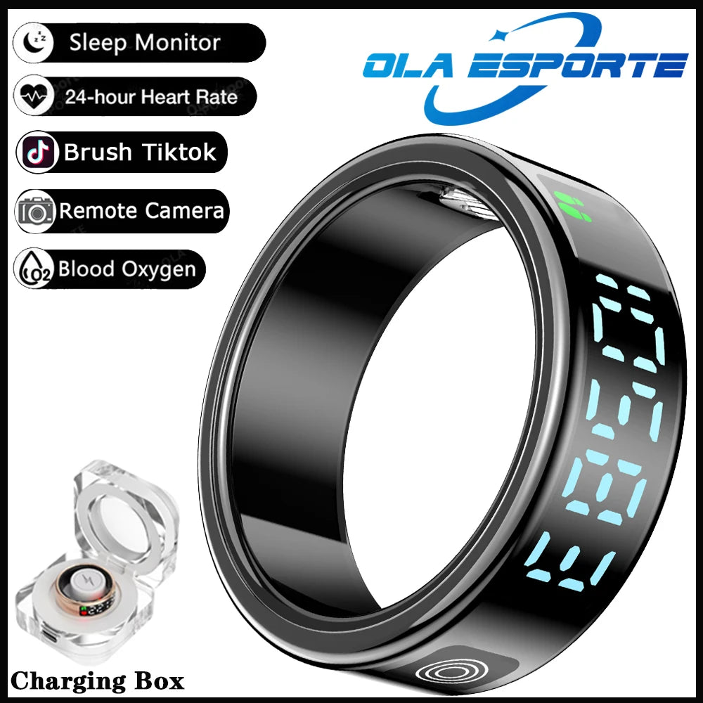 Smart ring with digital display and charging box, featuring Ola Esporte branding.