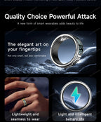 Smart ring with text highlighting its features on a dark background