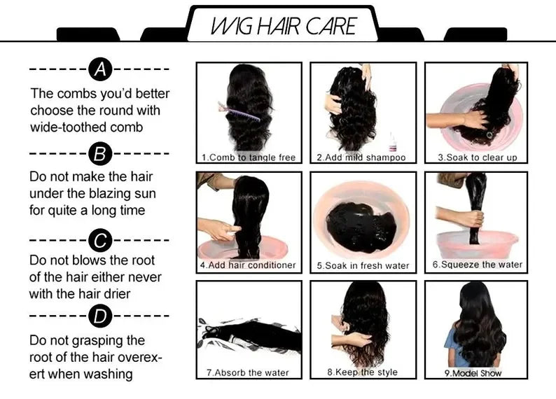 Instructions for caring for a wig with text and images of wig care steps.