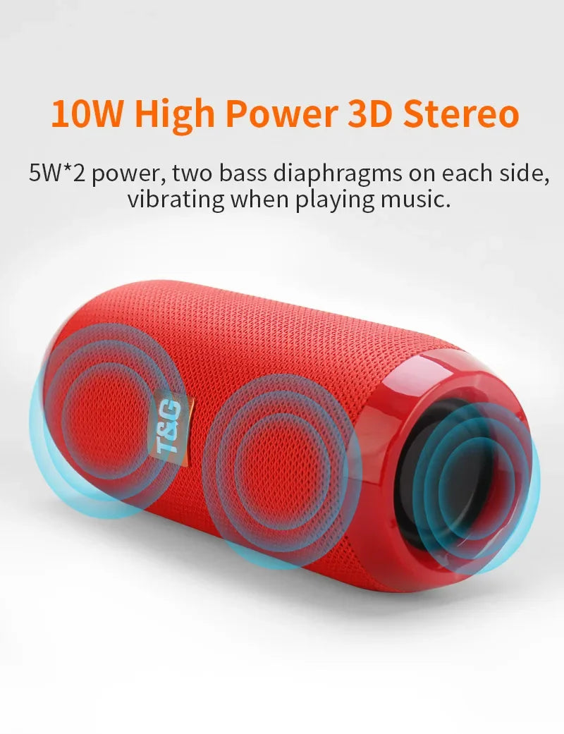 Red portable speaker with blue accents on a white background, featuring text about power and stereo quality.