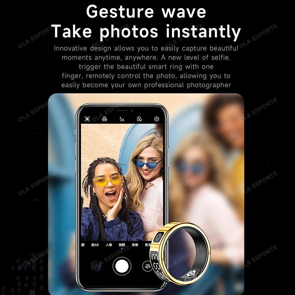 Smart ring with a phone displaying a photo of two people, set against a blurred background.