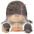 Wig cap with measurements and details on lace and hair strands.