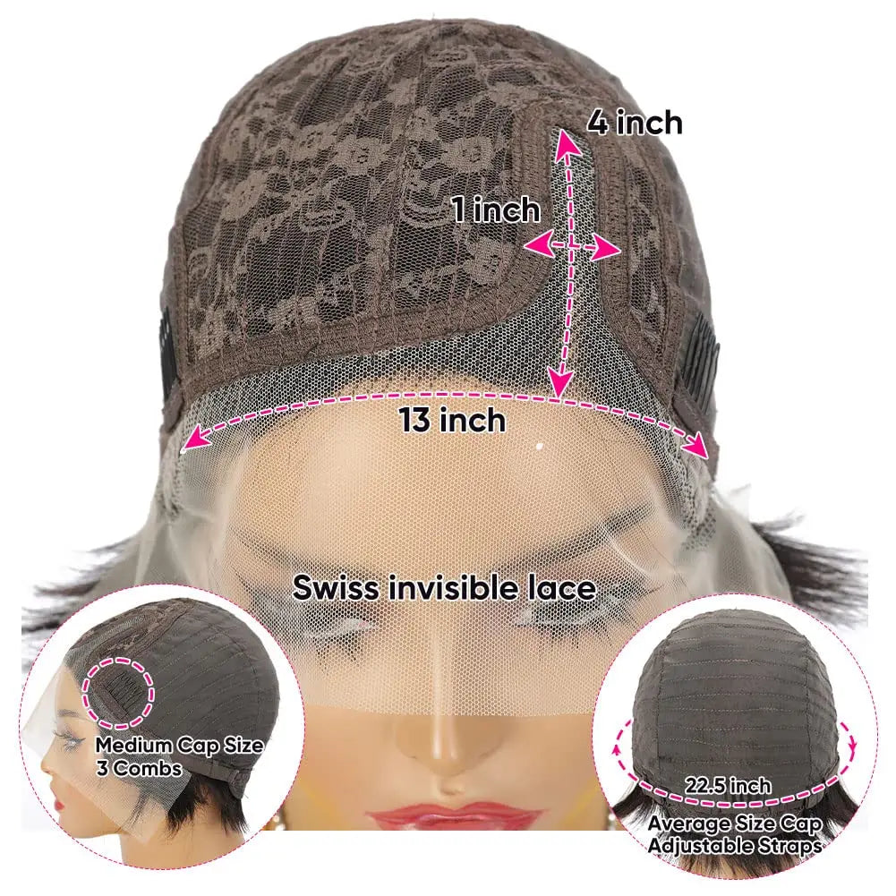 Wig cap with measurements and details on lace and hair strands.