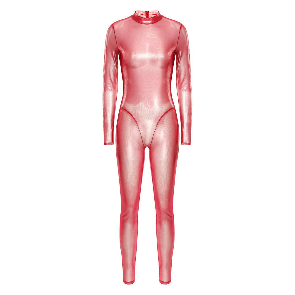 Women Metallic Shiny Full Body Unitards Sheer Rave Party Nightclub Jumpsuit Long Sleeve Long Pants Back Zipper Catsuit Clubwear