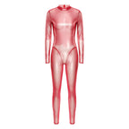 Women Metallic Shiny Full Body Unitards Sheer Rave Party Nightclub Jumpsuit Long Sleeve Long Pants Back Zipper Catsuit Clubwear