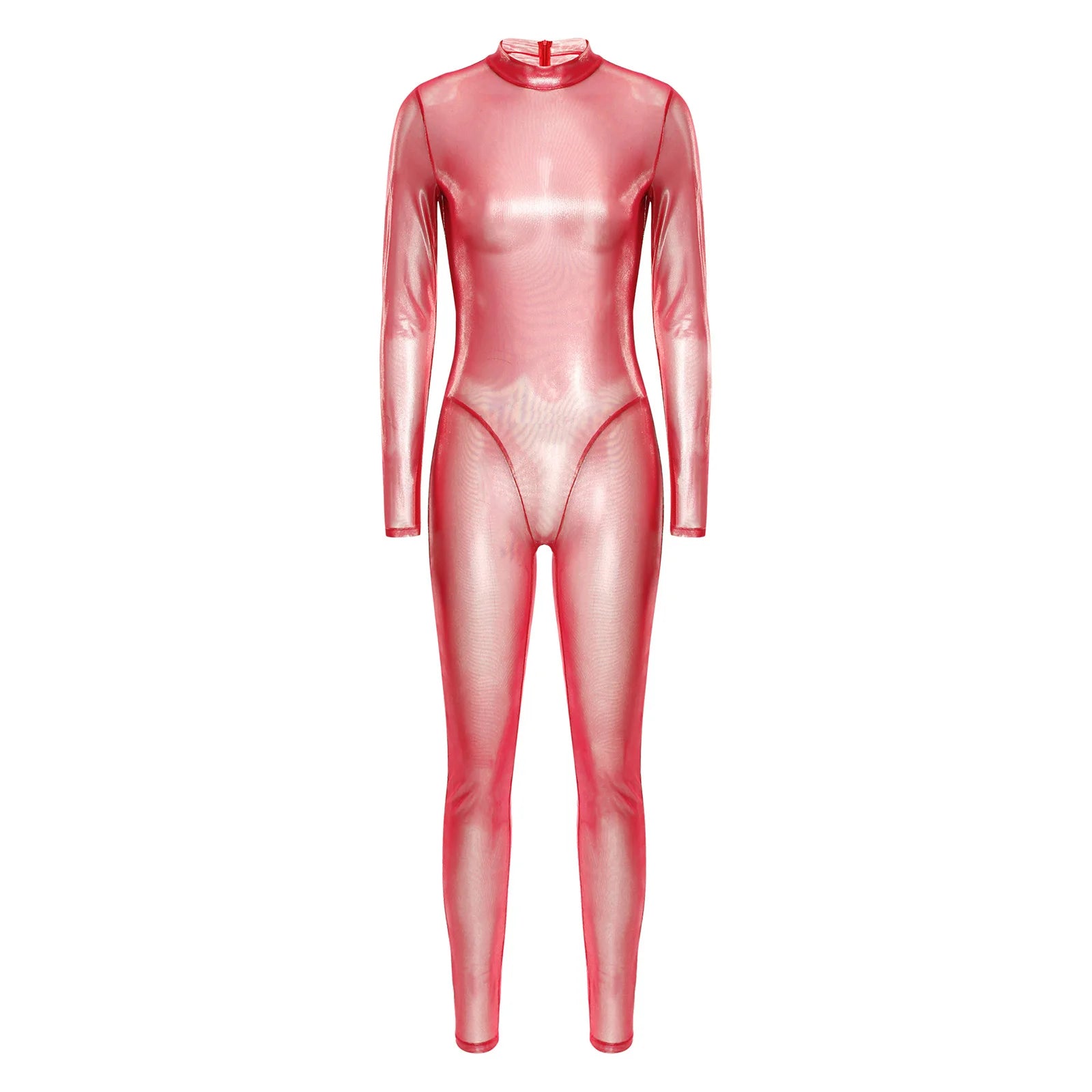 Women Metallic Shiny Full Body Unitards Sheer Rave Party Nightclub Jumpsuit Long Sleeve Long Pants Back Zipper Catsuit Clubwear