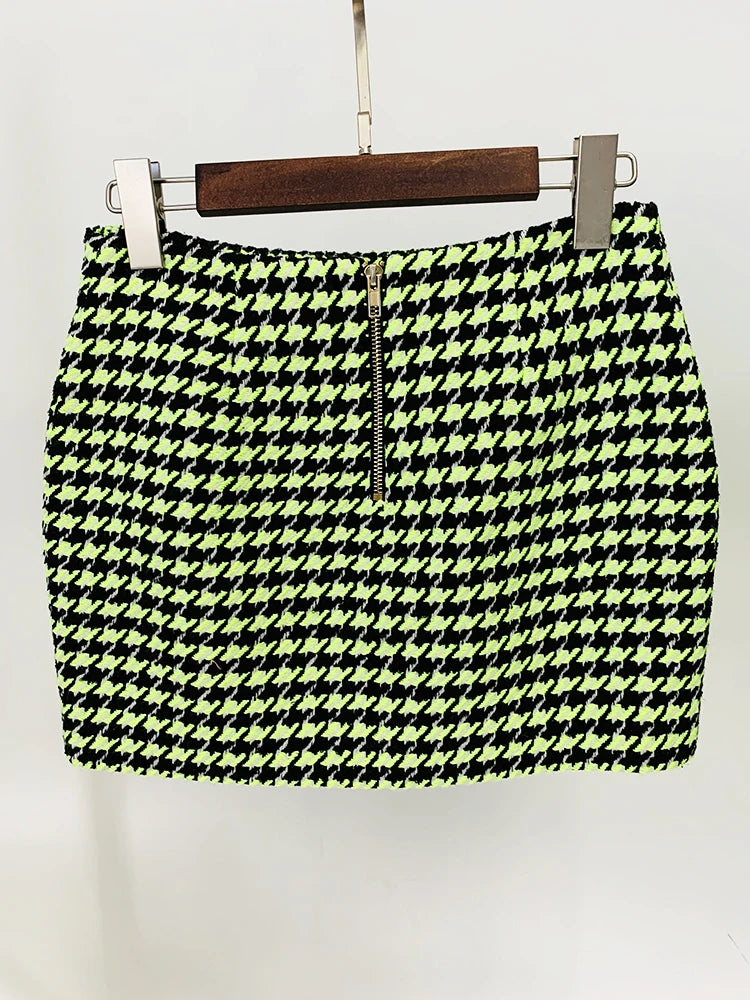 Women's Lion Buttons Houndstooth Tweed Mini Skirt