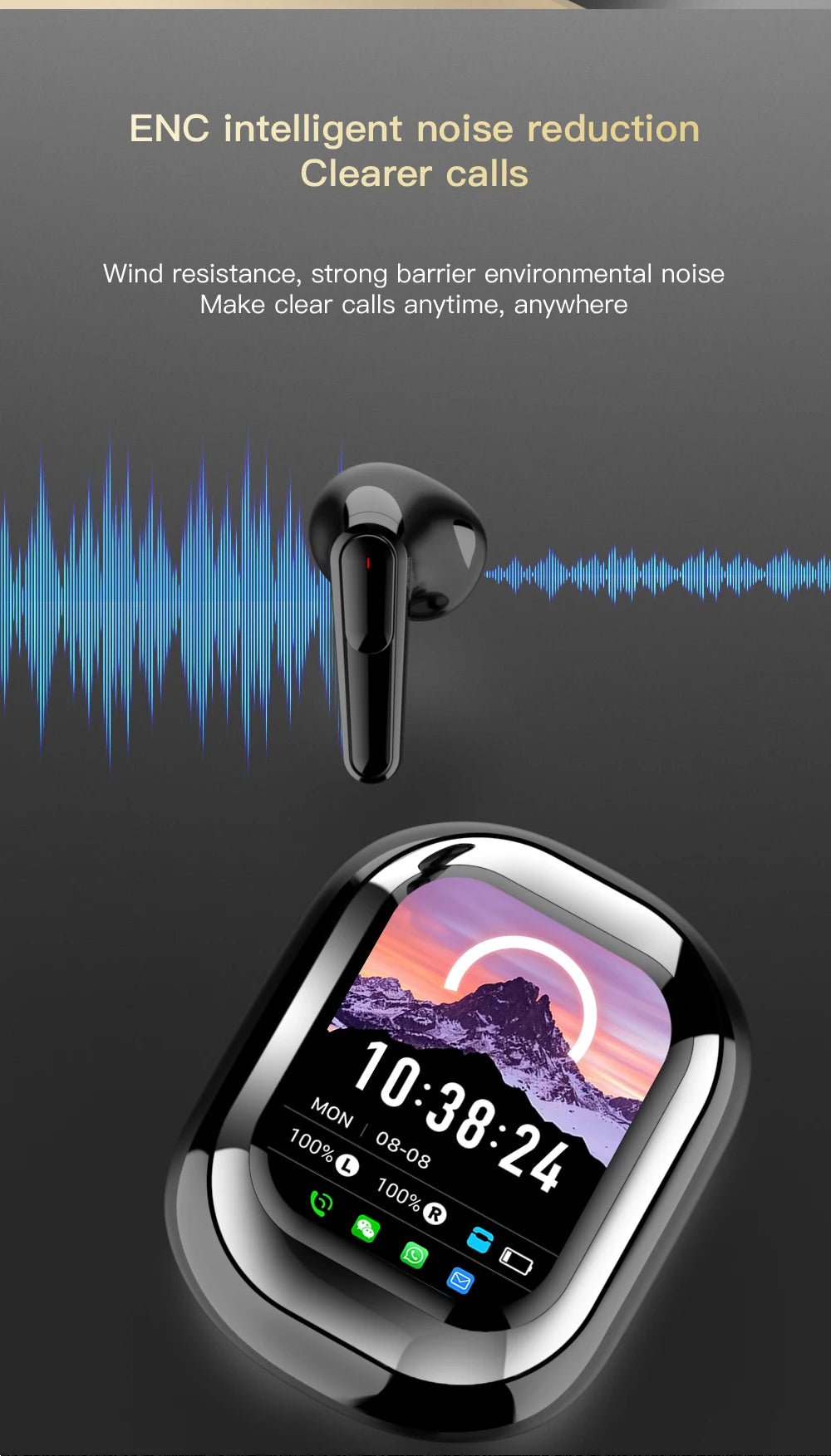 Wireless earbuds with a charging case on a dark background, featuring noise reduction technology.