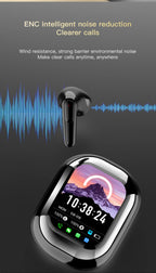 Wireless earbuds with a charging case on a dark background, featuring noise reduction technology.