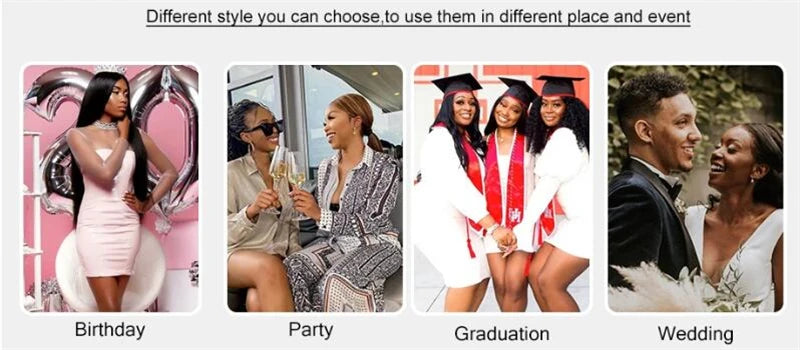 Promotional image showing different outfit styles for various occasions like birthday, party, graduation, and wedding.