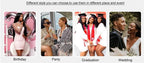 Promotional image showing different outfit styles for various occasions like birthday, party, graduation, and wedding.