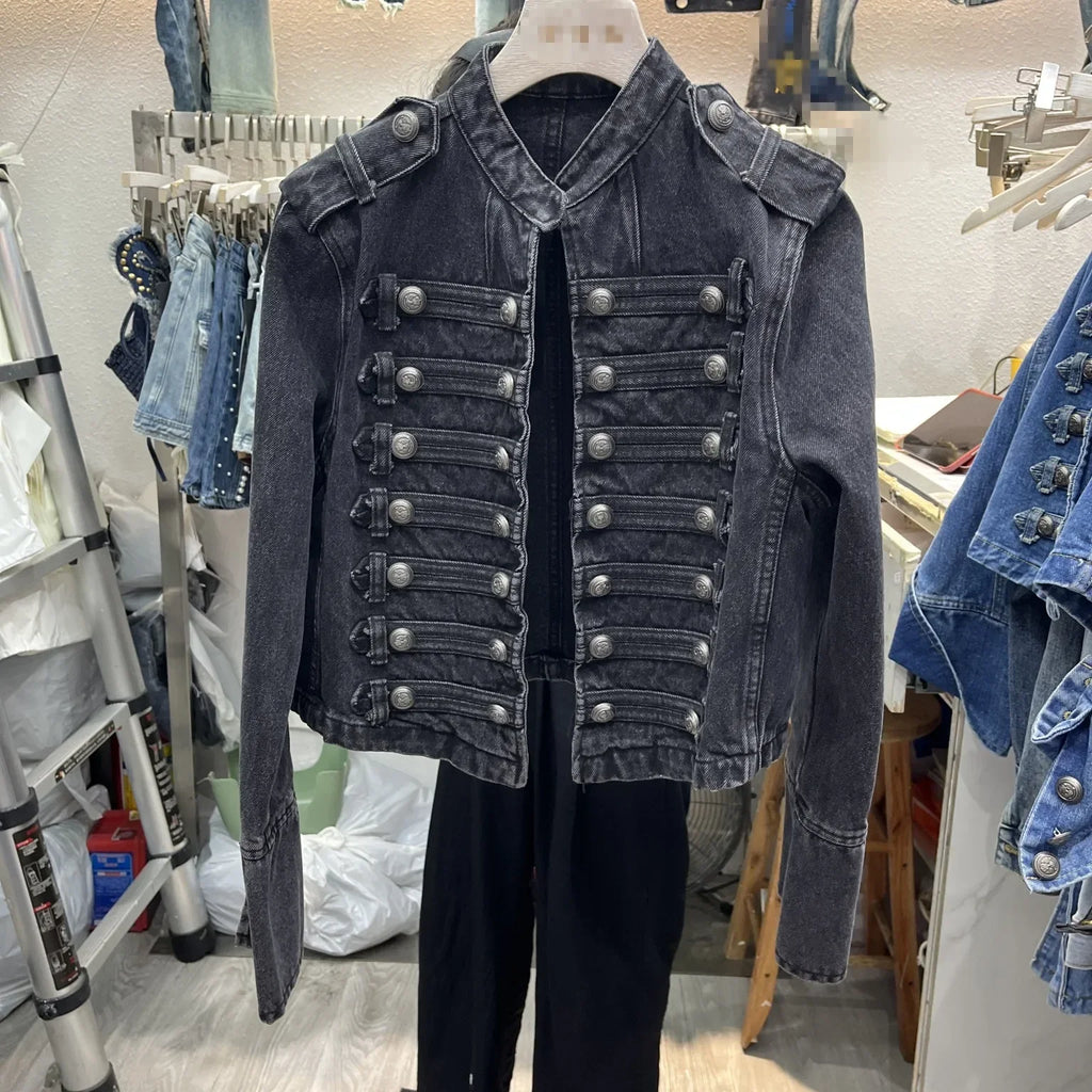 Vintage Denim Military Jacket Women Retro Solid Round Neck Single Breasted Slim Short Jackets 2026 Lady Daily Street Outerwears