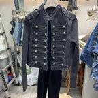 Vintage Denim Military Jacket Women Retro Solid Round Neck Single Breasted Slim Short Jackets 2026 Lady Daily Street Outerwears