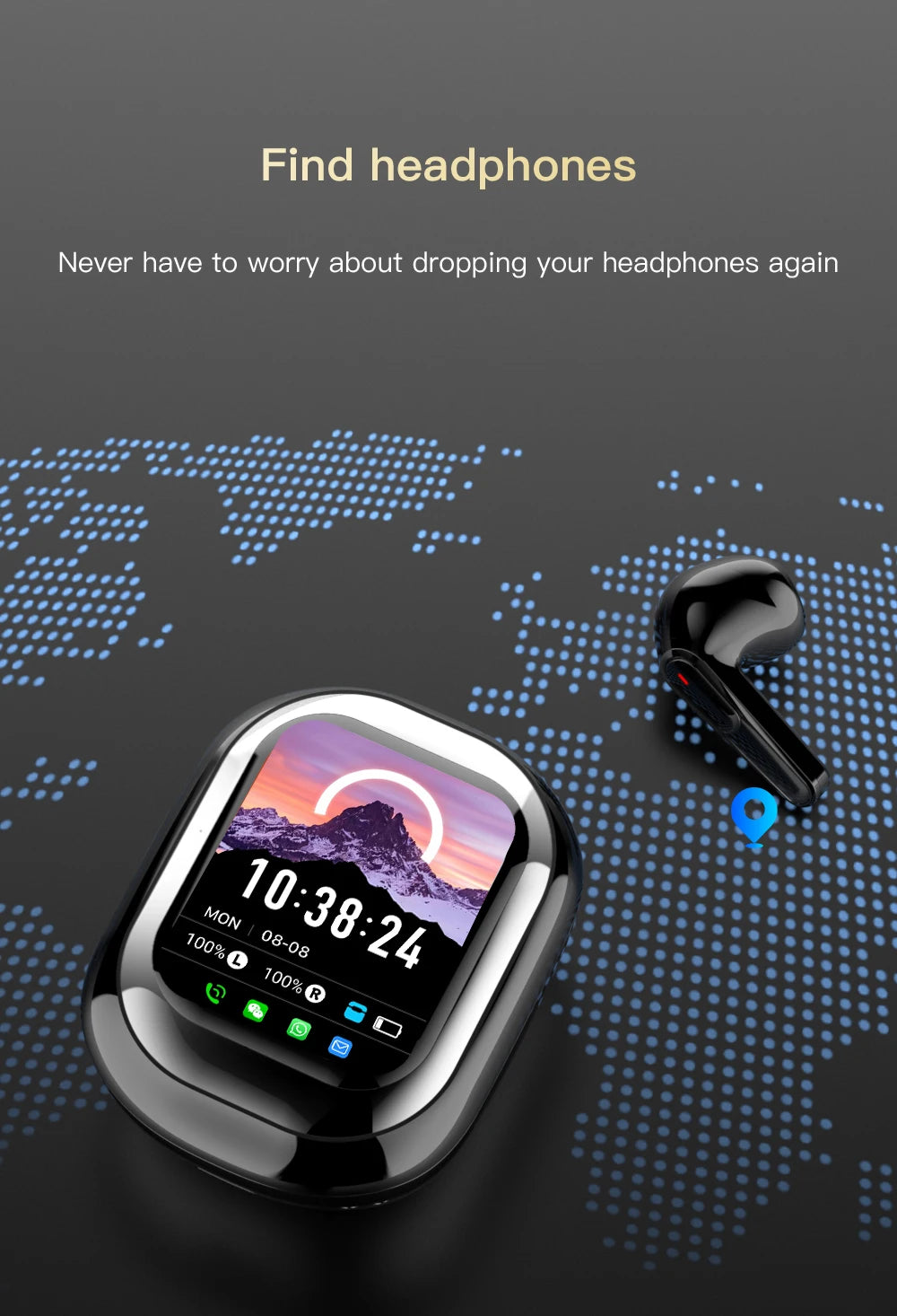 Smartwatch with a scenic display and wireless earbuds on a dark background