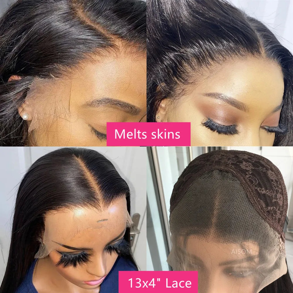 Collage of hair extensions with close-up details and text 'Melts skins' and '13x4" Lace'.