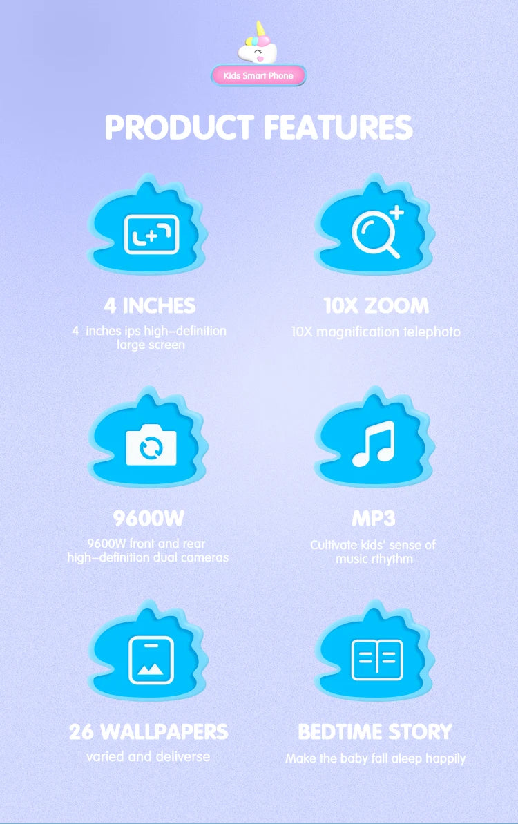 Product features list with icons and text on a light blue background