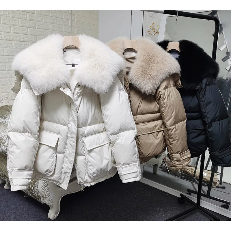 Maomaokong loose Real Fox Fur Collar 2024 White Duck Down Jacket Women Winter Luxury Puffer Coat Oversize Feather Outwear