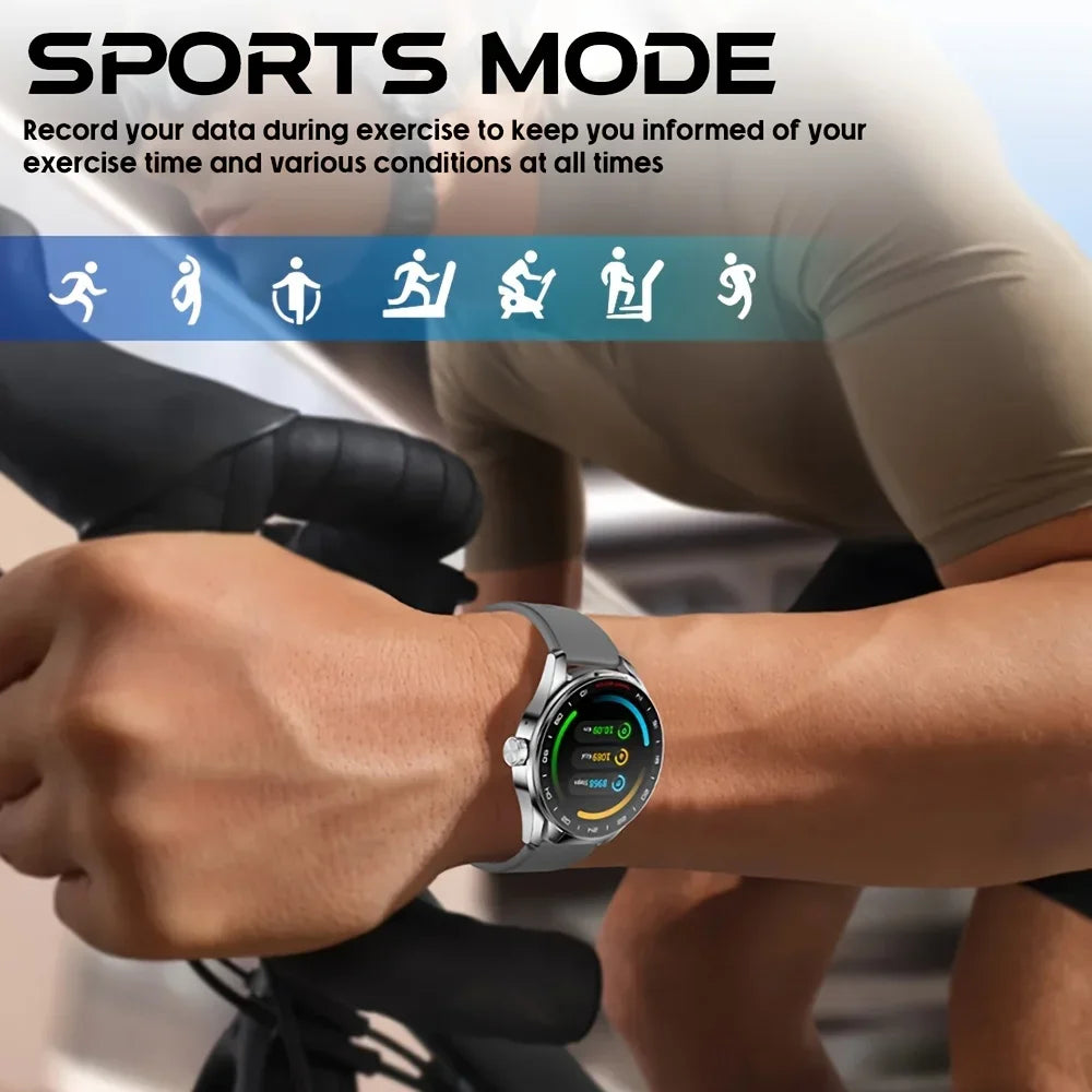 Person wearing a smartwatch with sports mode features displayed on the screen.