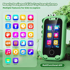 Green children's toy smartphone with app icons on a green background