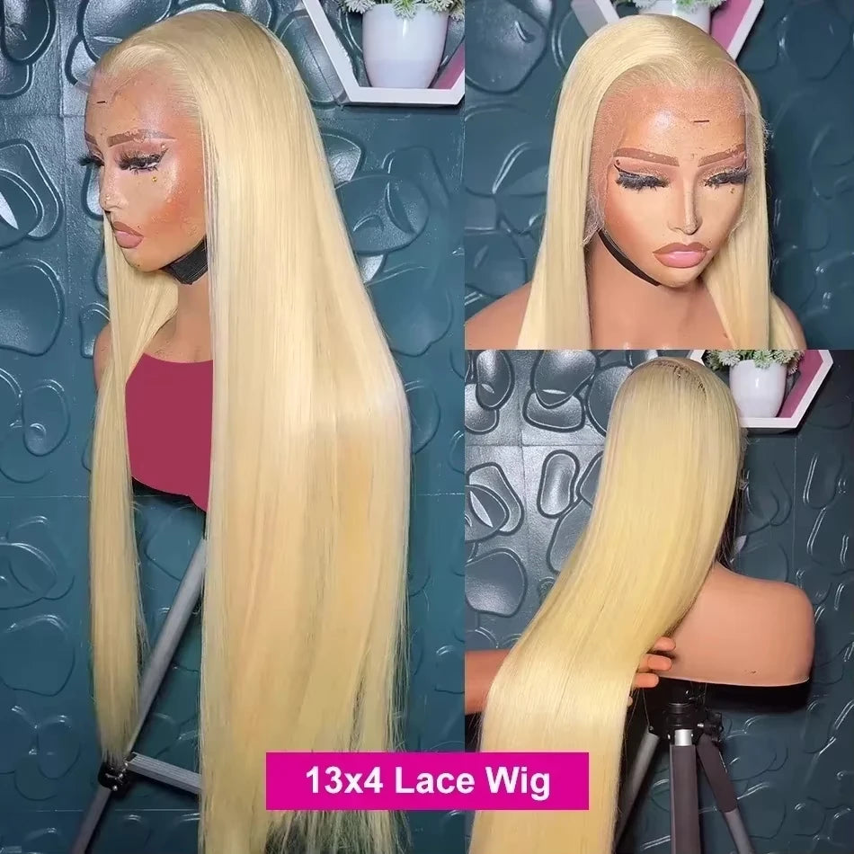 Blonde wig displayed on a mannequin head with a textured blue background