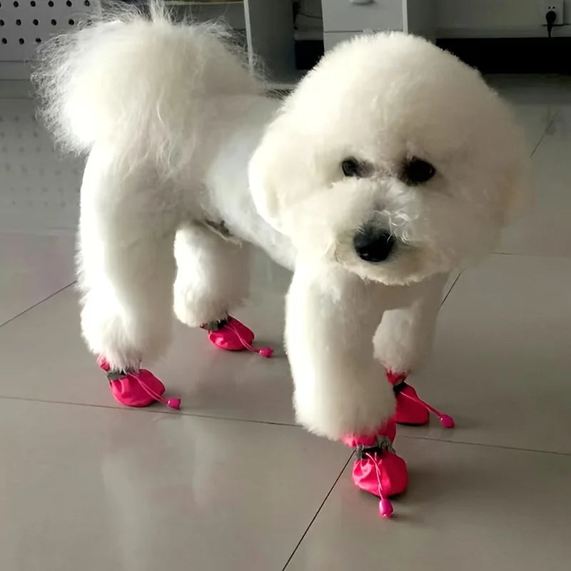 White dog wearing pink pet boots on a tiled floor